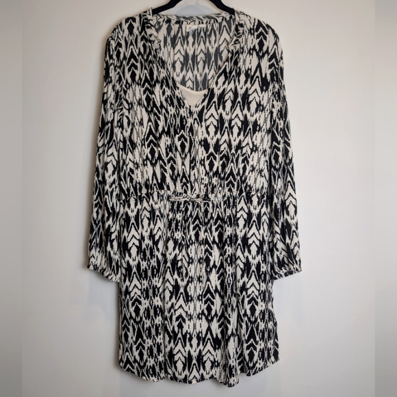 Gap Black Off White Patterned Cinched Waist Long Sleeve Dress Size Medium - Picture 2 of 11